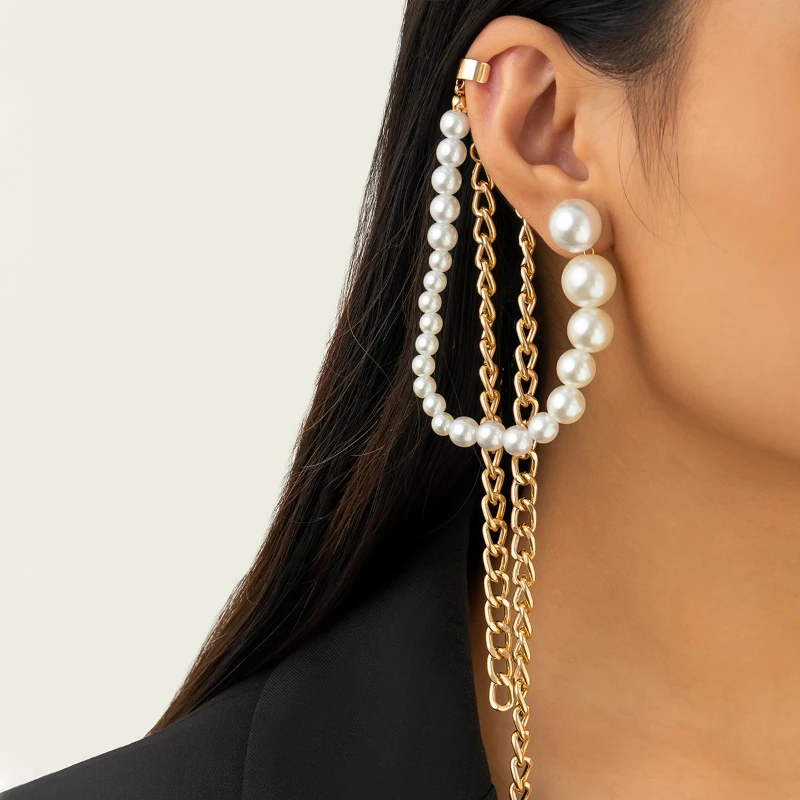 

Designer Metal Tassel Chain Earrings Stylish Personality Girl Imitation Pearl Sweet Cool Ear Bone Clip Ornament