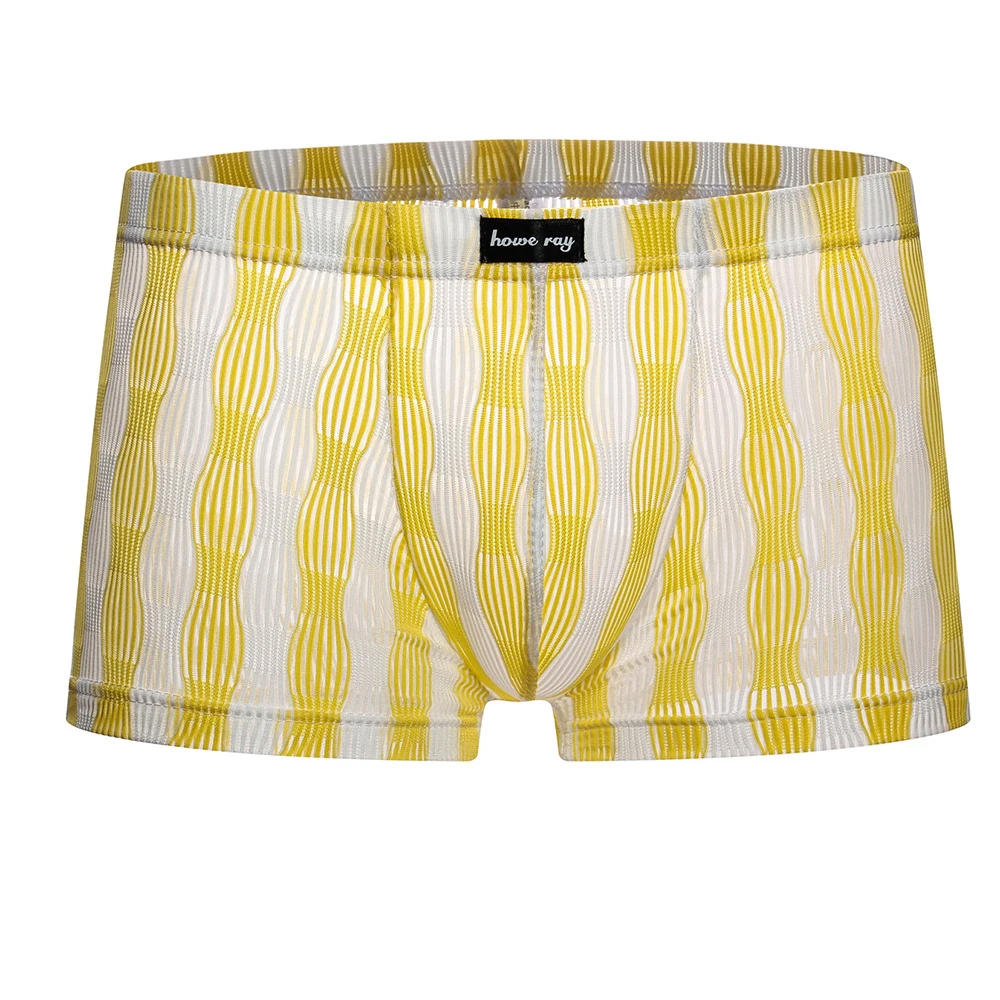 New Men Striped See-through Shorts U Convex Pouch Boxer Briefs Sheer Mesh Pouch Underwear Panties Shorts Trunks Sleep Bottoms