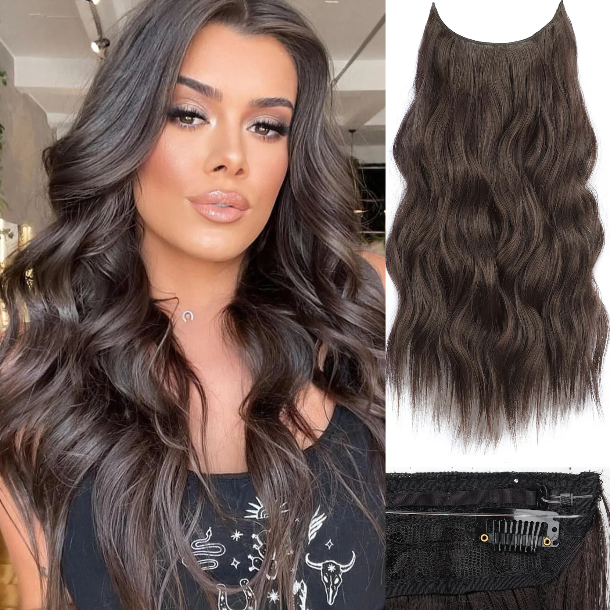 Invisible Wire Hair Extensions with Transparent Wire Adjustable Size 4 Secure Clips Curly Long Synthetic Hairpiece 24 Inch