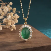 exquisite women necklace jewelry oval green hetian jade surrounded by white crystal zircon flower pendant necklaces for women
