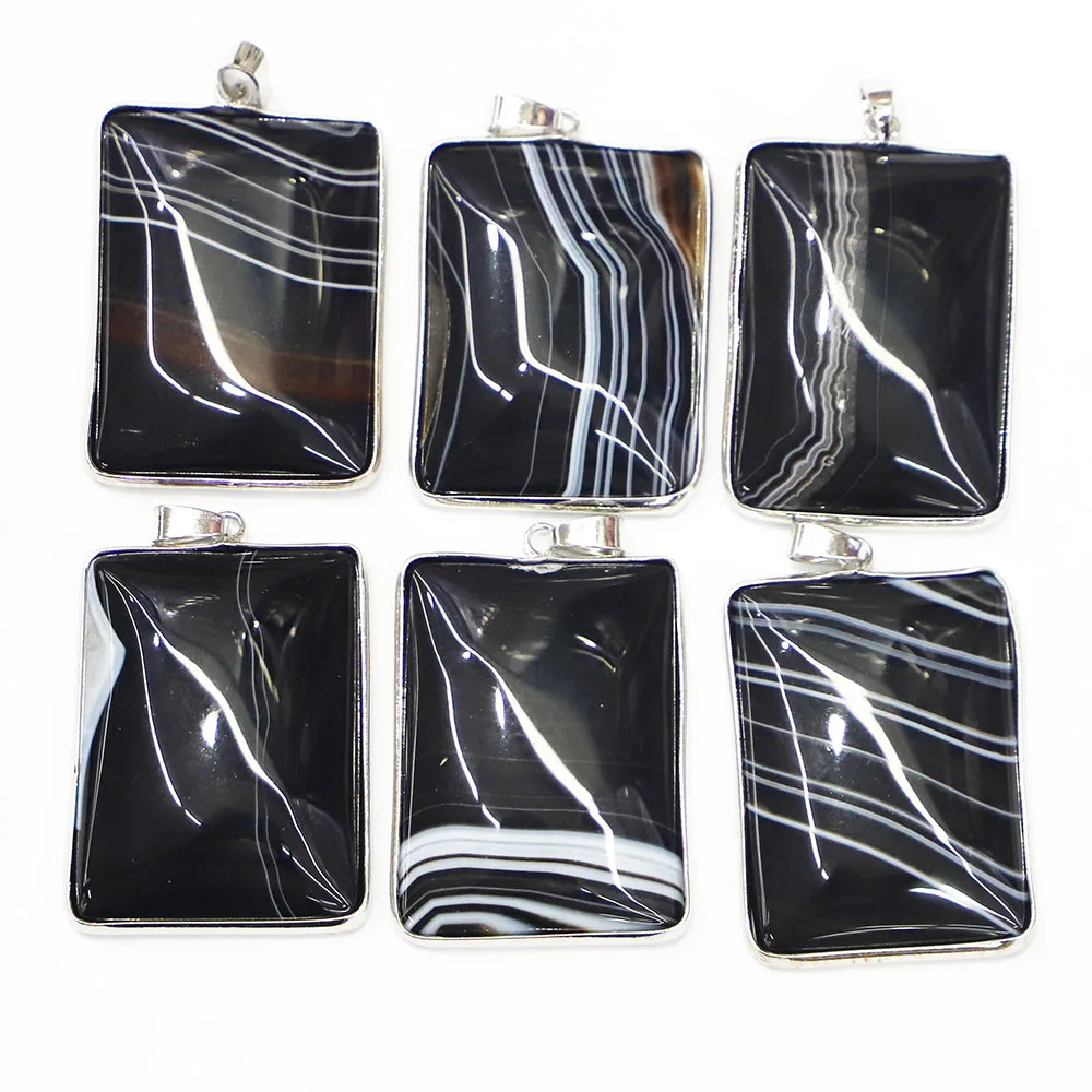 New Natural Stone Rectangle Black Onyx CAB Cabochon Necklace Pendant Women Jewelry Gift Accessories Wholesale 6Pcs Free Shipping