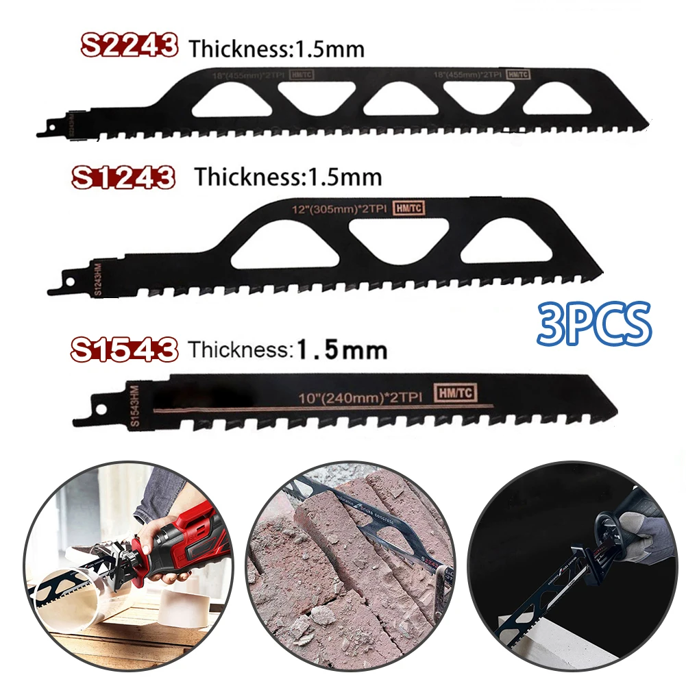 3Pcs Reciprocating Saw Blade Carbide Tip Cutters For Cutting Concrete Red Brick Stone Masonry Saber Saw Blade S1243 S1543 S2243