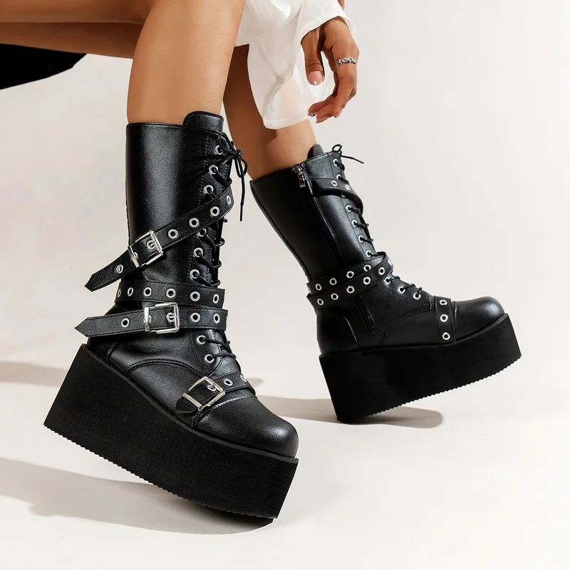 

Women's Boots New 2022 Thick Sole Trend Wedge Biker Boots Round Toe Lace-Up Buckle Fashion Street Platform Boots Women's Shoes