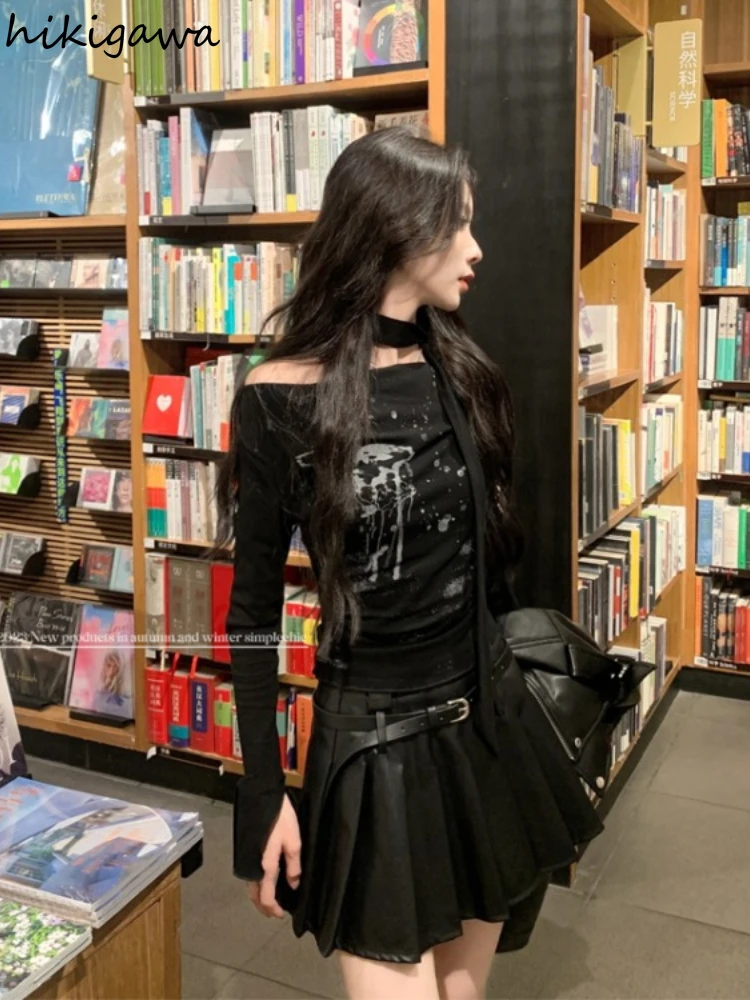 Фото Женская футболка Harajuku с длинным рукавом и разрезом на шее, черные повседневные футболки, укороченные топы, Ropa Mujer, модные корейские сексуальные футболки с принтом Y2k №2