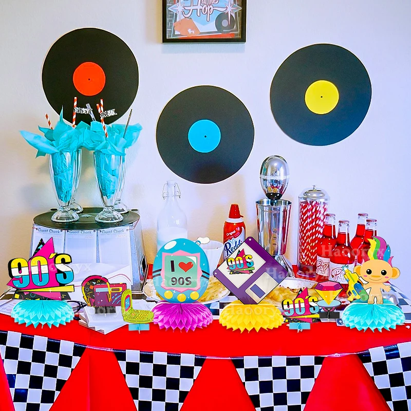 12Pcs 90S Honeycomb Centerpieces Retro Party Decor Hip Hop Music BB Machine Record Player Table Toppers Nostalgic Prom Supplies