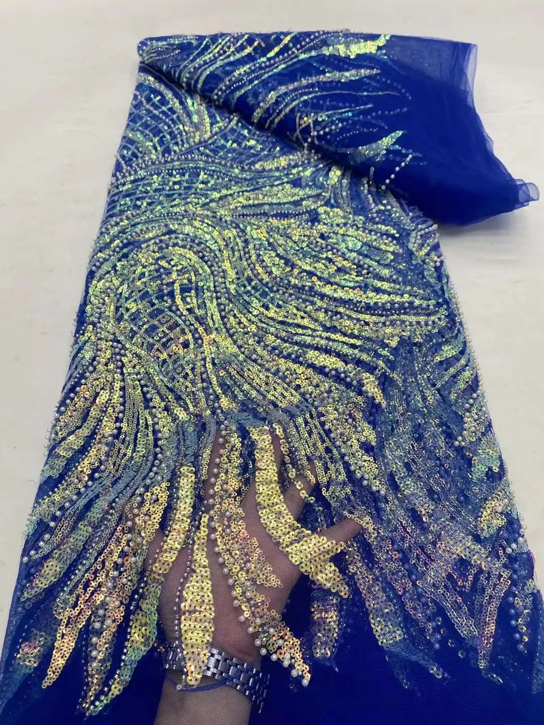 Нежная золотистая французская кружевная ткань с жемчугом и блестками Тюлевая