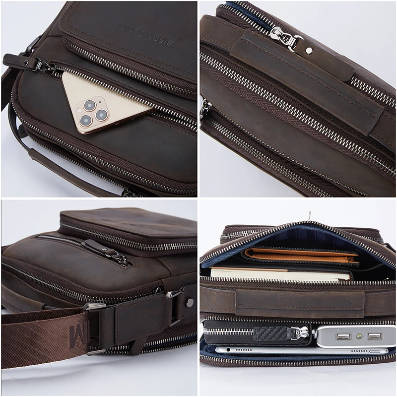 BISON DENIM Men's Shoulder Bag High Quality Cowhide Leather Business Casual Crossbody Large Capacity Handbag Free Shipping 2023