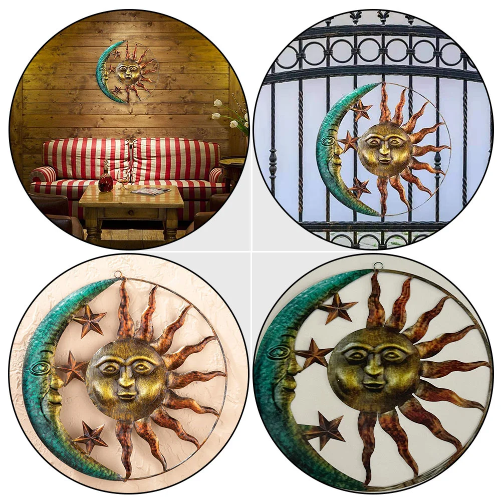 

Moon Sun Wall Hanging Retro Decor 3D Mosaic Celestial Face Wrought Iron Ornament