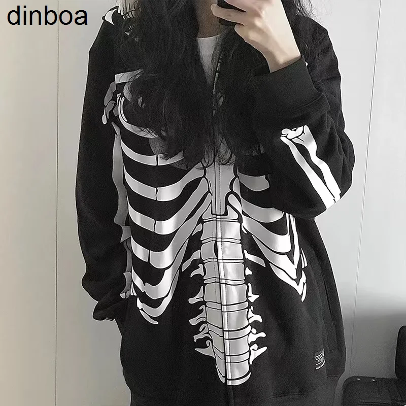 

Винтажная Мужская и Женская куртка с принтом черепа, забавная толстовка с капюшоном в стиле марсианя, куртка большого размера Y2k, черная ули...