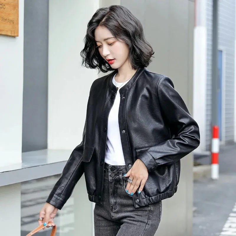 Stand Collar Leather Jacket Women's Short Autumn Dress 2022 Casual Leather Jackets Jaqueta Feminina  Vintage  Faux Leather