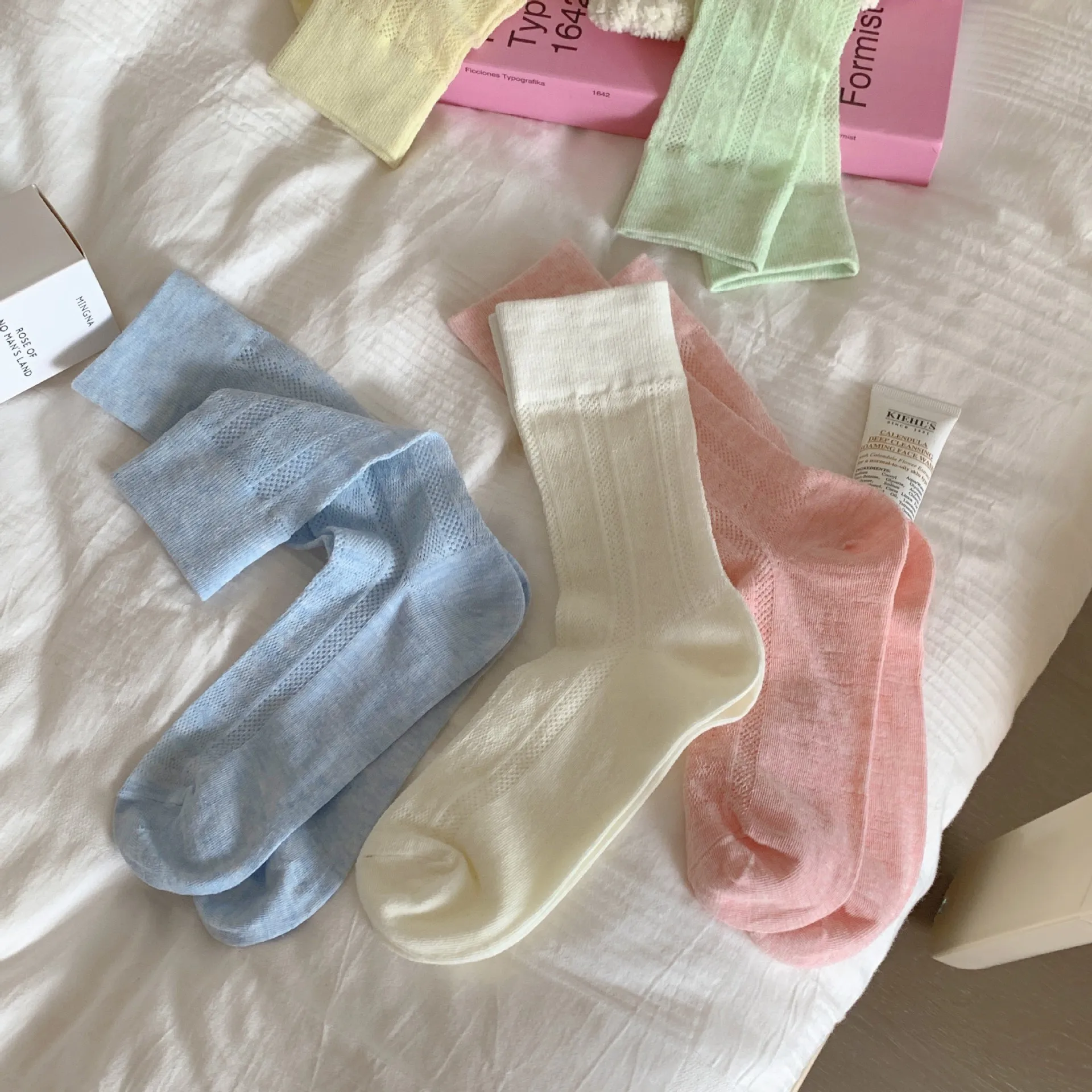 2 Pairs Solid Color Socks Women's Midtube Summer Thin Ice Silk Mesh Breathable Candy