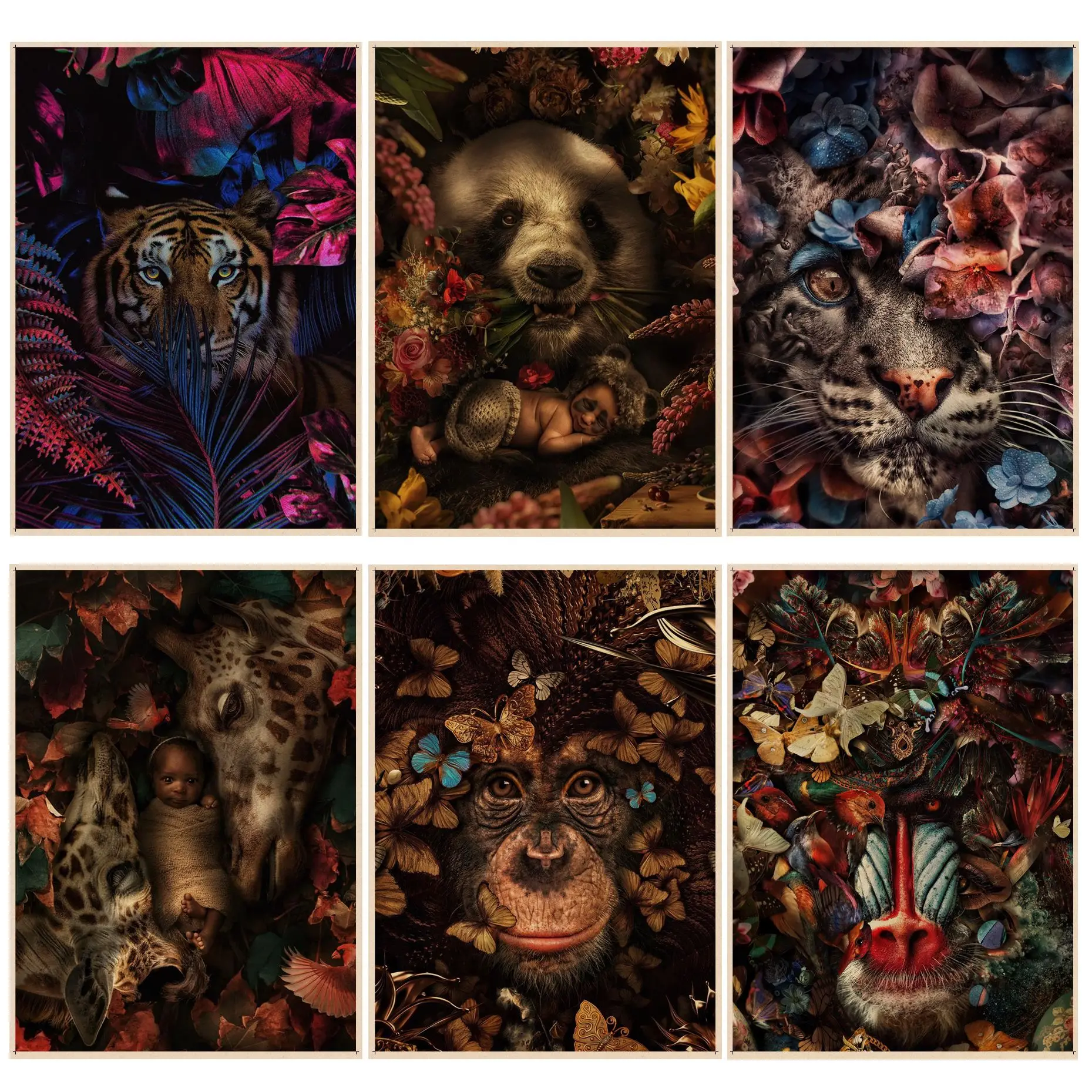 

Flower Animal Mural Tiger Lion Zebra Vintage Posters Wall Art Retro Posters for Home Nordic home decor