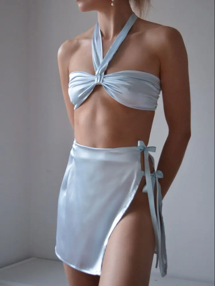 

Two Piece Sets Women Summer Club Sexy Skirts Sets Halter Tank Tops + Tie Up Split Mini Skirts 2Pcs Sets Female Streetwear