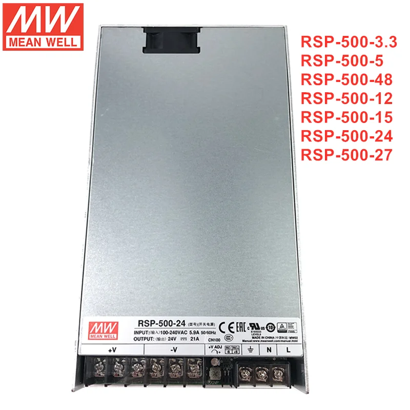 Блок питания MEAN WELL серии RSP-500 мощностью 500 Вт с одним выходом и функцией PFC RSP-500-3.3/5/12/15/24/27/48V