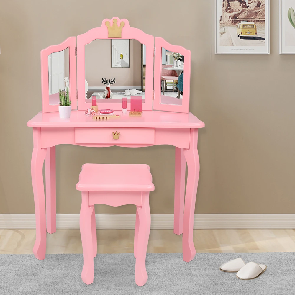 

Children's Wooden Dresser Three Sides Folding Mirror Dresser Chair Single Drawer Pink Crown For Bedroom Dressing Room