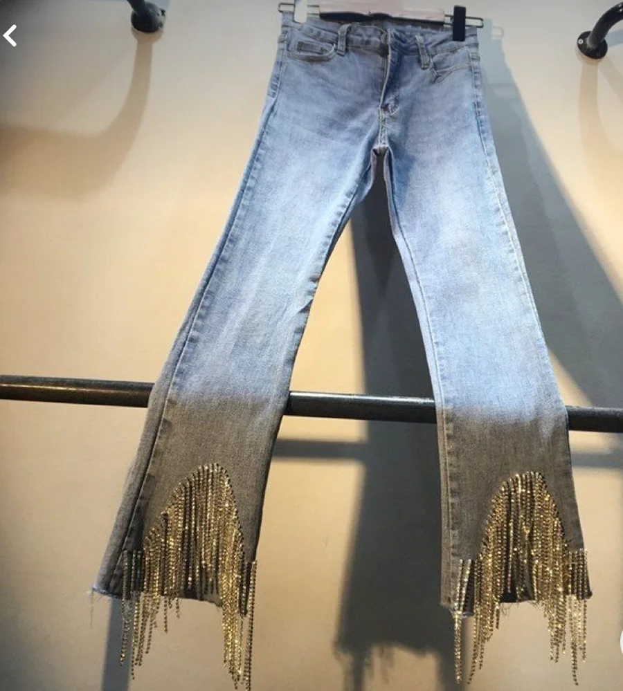 

2022 new denim flared pants women's tassel beaded micro-blade cropped pants heavy work diamond-studded flared pants