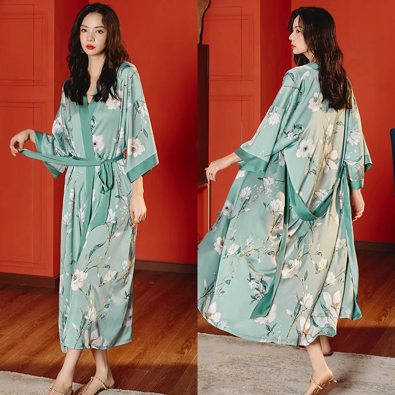 

Sexy Long Bride Robes Woman Printed Nightdress Silk Nightgown Sleepwear BathRobes Kimono Pjs Lingerie Vintage Dressing Gown