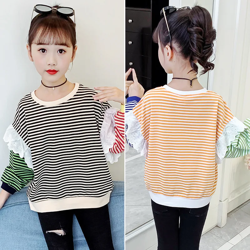 

Детские повседневные топы, модный детский пуловер контрастных цветов в полоску, рубашка для девочек, Милая модель, Подростковый, с оборками ...