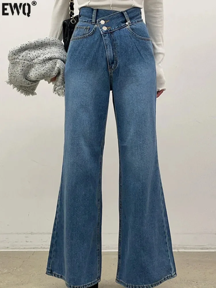 

[EWQ] Streetwear High Waist Irregular Button Wide Leg Flared Jeans Women's Clothes Bottom Denim Pants 2023 Autumn Winter 16U6764