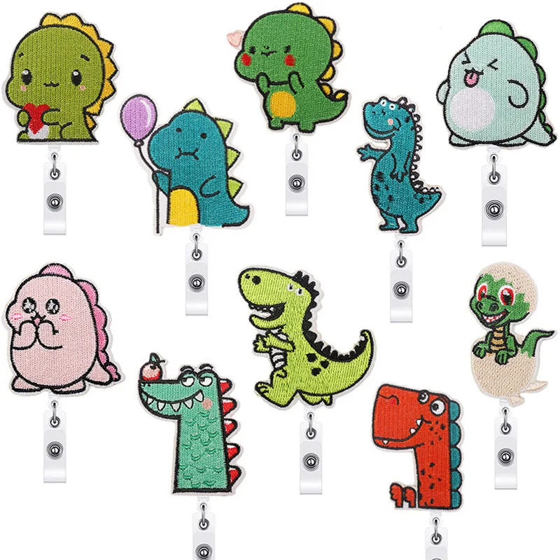 

Новый милый вышитый значок с маленьким динозавром, выдвижной держатель для удостоверения личности с вращающимся на 360 градусов зажимом под Аллигатор, держатель с именем