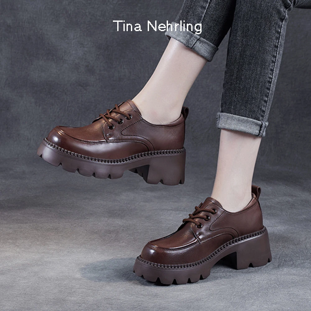 

TinaNehrling Spring Summer Leather 6cm Thick Sole Lace Up Small Leather Shoes For Women Brown British Style Heightening Shoes
