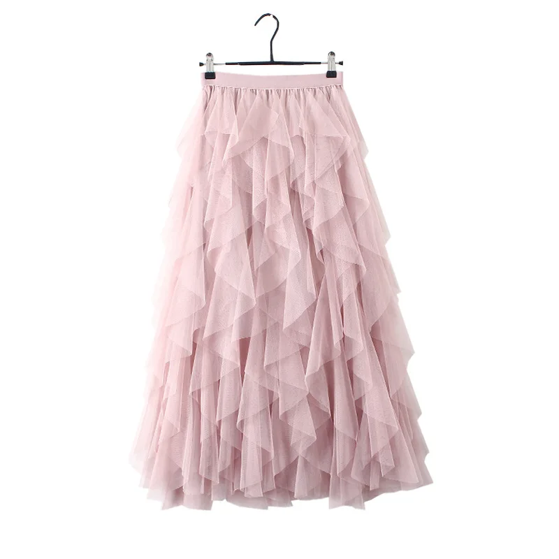 Spring Mesh Skirt Warm Cake Layered Long Mesh Skirts Princess High Waist Ruffled Vintage Tiered Tulle Pleated Ins Vintage Skirts