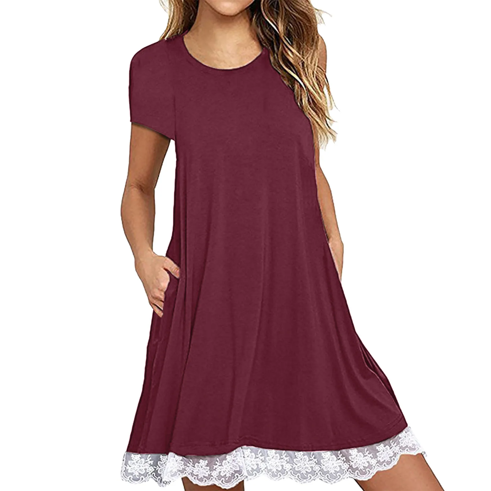 

2022 Summer Woman Dress Lace Stitching Short Sleeve Solid Color Ladies T Shirt Dress Casual Sexy Women Loose Mini Dress Robe
