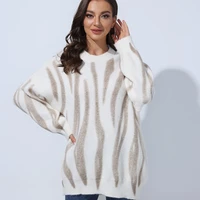 women o neck loose leisure long pullovers autumn winter chic warm casual commute knitted jumpers striped printed knitted sweater