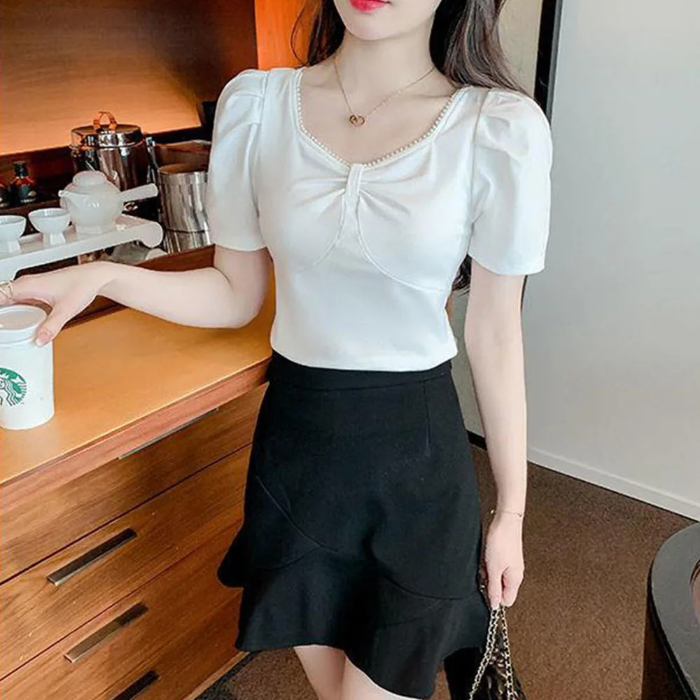 Женские футболки бусина с бантиком футболка квадратным вырезом женский топ