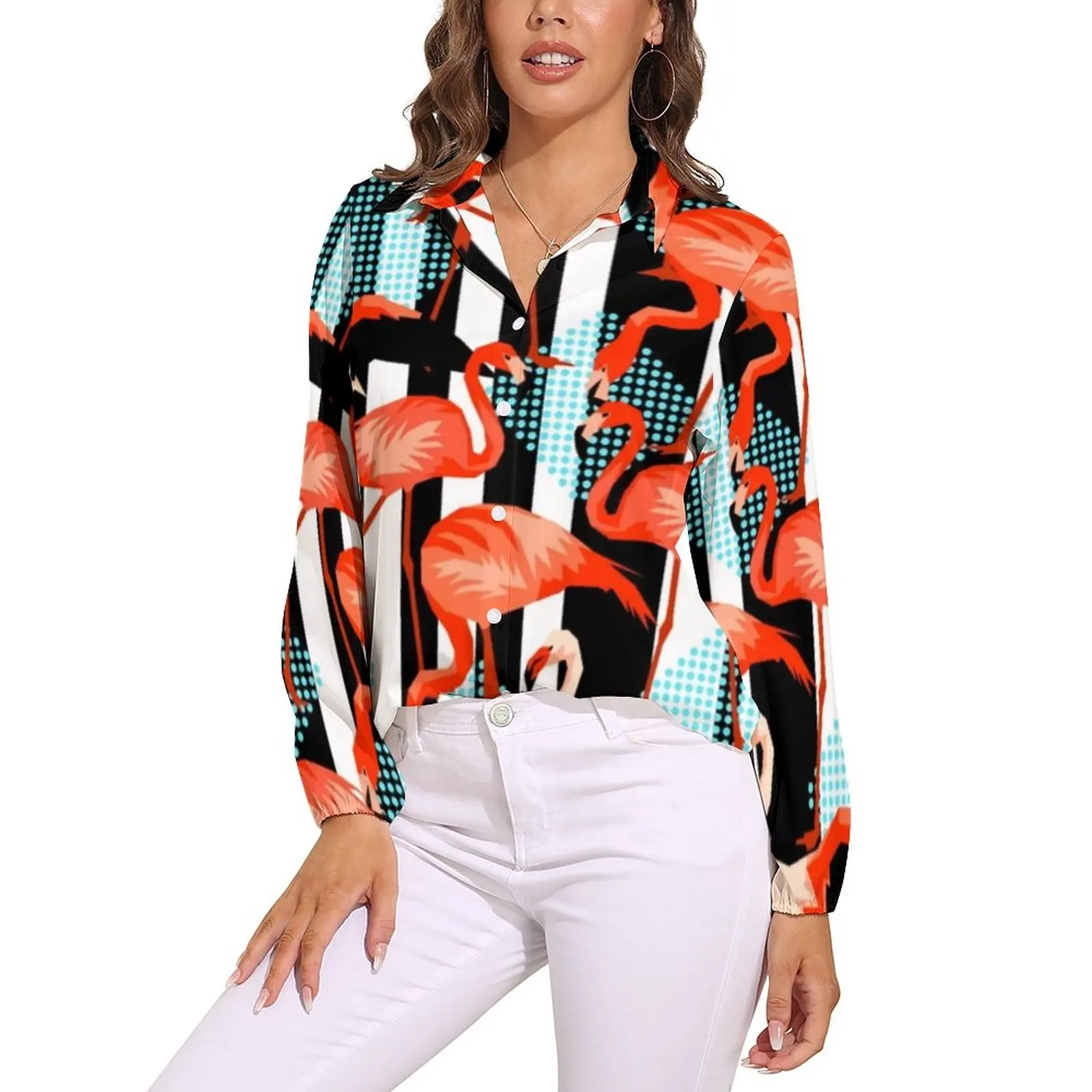 

Блузка женская с тропическим фламинго, Повседневная Свободная рубашка в полоску с длинным рукавом, топ с графическим принтом для работы и офиса, большие размеры