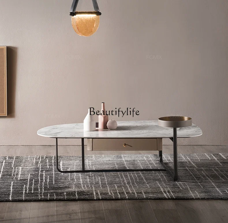 Итальянский минималистичный мраморный журнальный столик седло твердая кожа