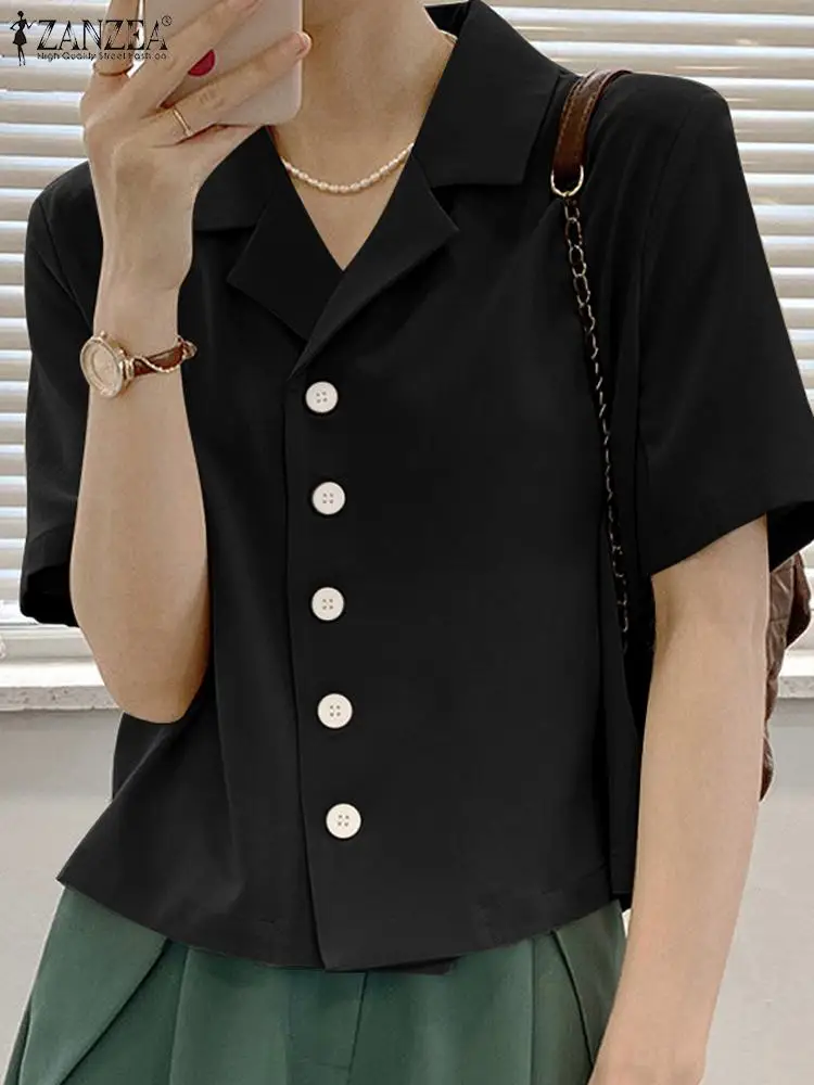 

Holiday Short Sleeve Blouse ZANZEA Women Solid Crop Shirts Fashion Suit Collar Tops Tunics 2023 Summer Casual Buttons OL Blusas