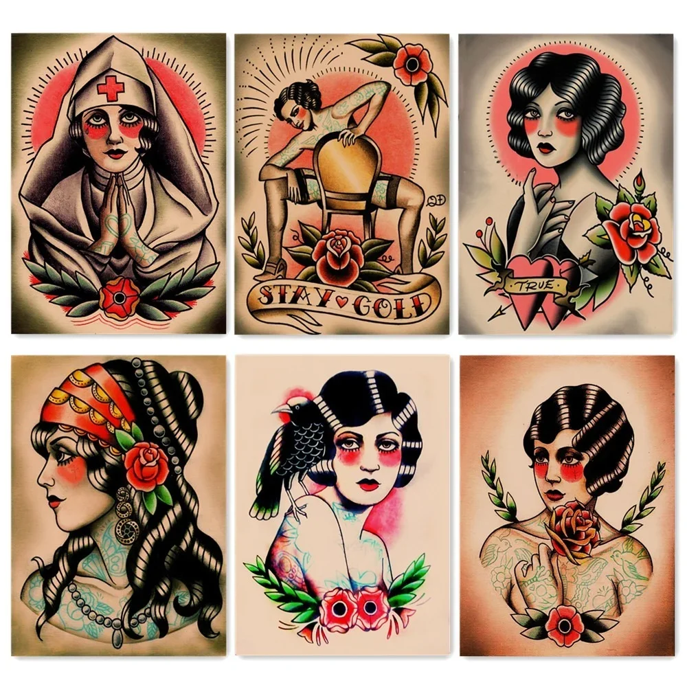 Винтажная татуировка для девушек дизайнерская Настенная картина Ретро Матовая