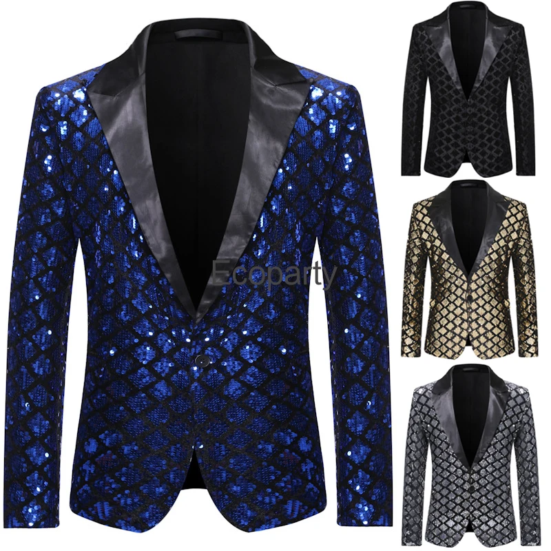 

Men's Sequin Plaid Blazer Jacket 2023 Fashion Lapel Slim One Button Long Sleeved Coat Male Wedding Party Costume Stage Outfits