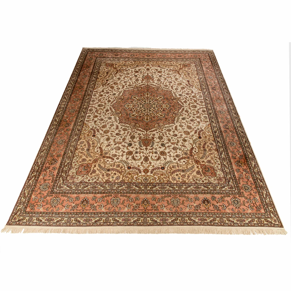 Factory 9*12 ft Luxury Large Size 100% Handmade Central Orange Floral Persian Medallion Silk Carpets