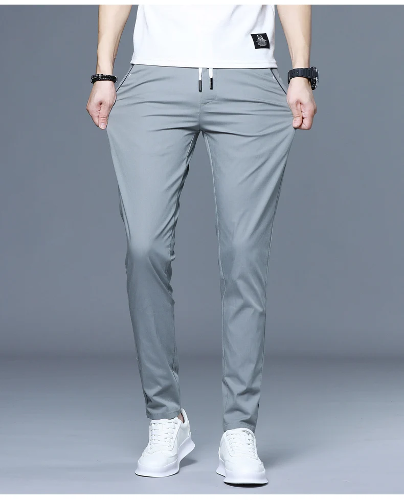 

Summer Casual Pants Men Thin Business Drawstring Slim Fit Straight Cotton Classic Solid Color Grey Brand Clothing Trousers Male