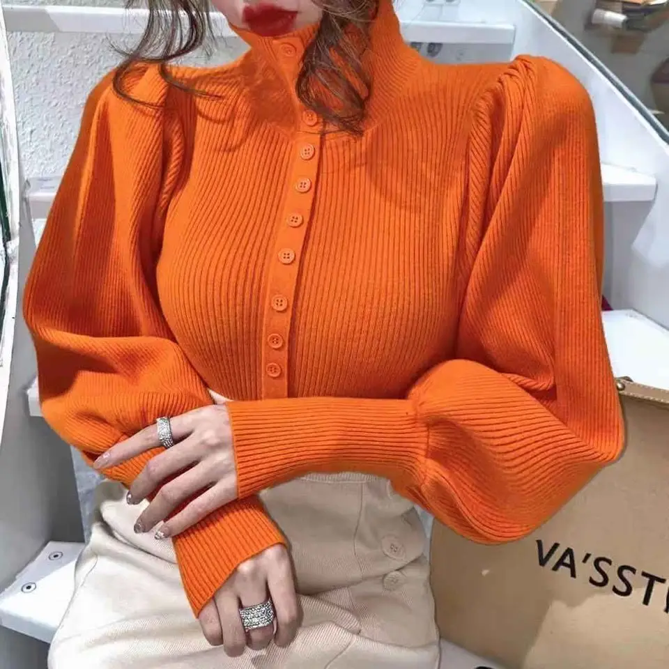 Puff Long Sleeve Turtleneck Women Spring Autumn Winter New Korean Fashion Casual Warm Nice Sweater Woman OL Tops Female Clothes