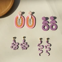 new purple twisted snake long dangle drop earrings for women geometric irregular hit color unique fashion clay earrings jewelry