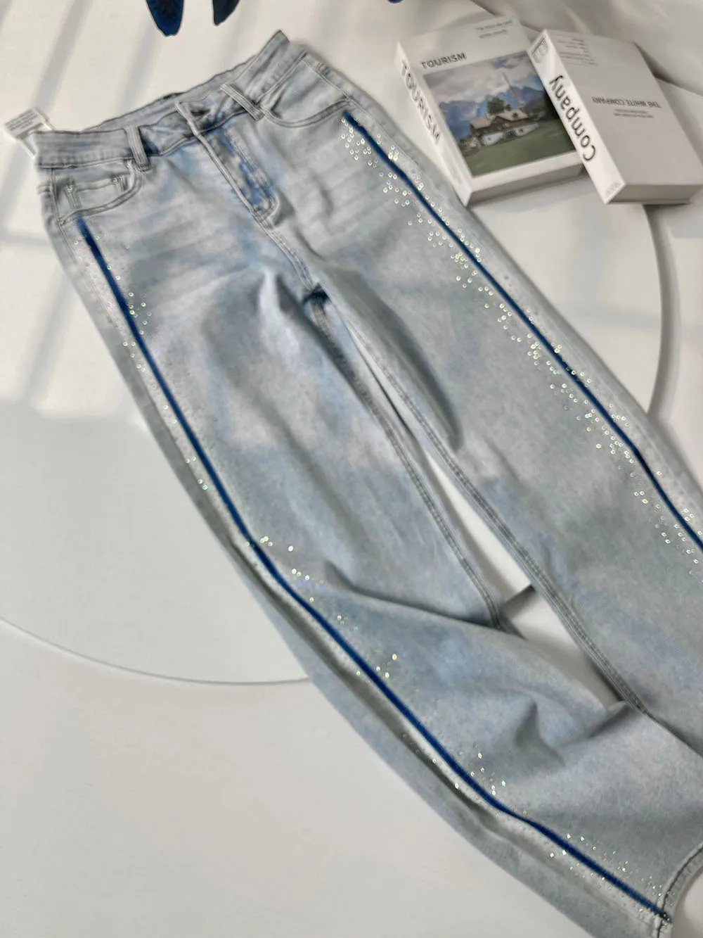 High-End Rhinestone Narrow Wide-Leg Jeans Women's High Waist Slimming Ins Style FashionLoose Elastic Casual Denim Pants Trousers