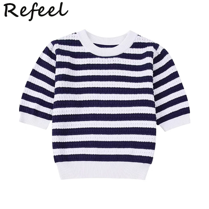 

Refeel Women Knittid Sweater Pullover Striped Patchwork O Neck Short Sleeve Casual Female Crop Top Vintage Vestidos