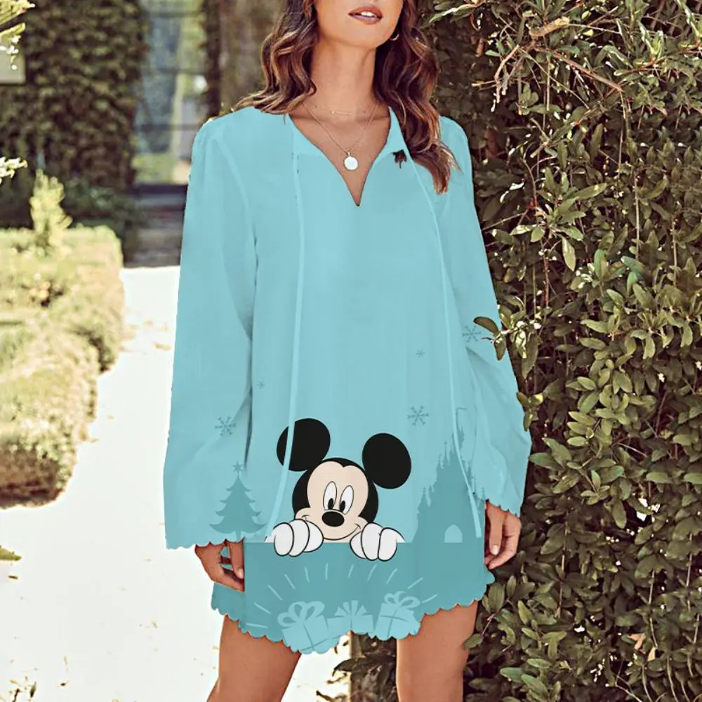 Mini Sexy Dress Disney V-Neck Mickey Elegant Dresses for Women Summer Dresses Woman 2022 Minnie Mouse Long Sleeves Lace Fashion
