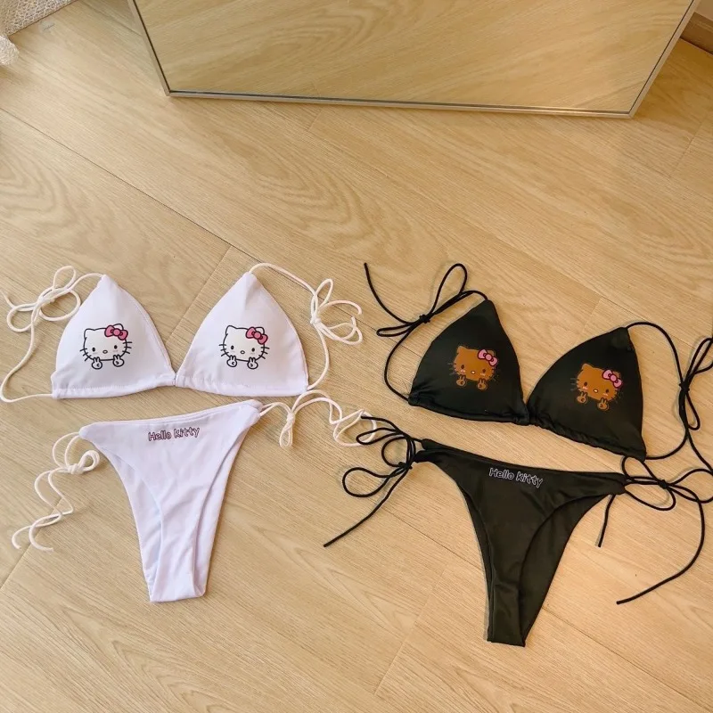 

Набор нижнего белья Kawai Sanrios Hellokittys, удобный и приятный для кожи аниме милый мультяшный бюстгальтер, трусики, сексуальный купальник, бикини, новинка на лето