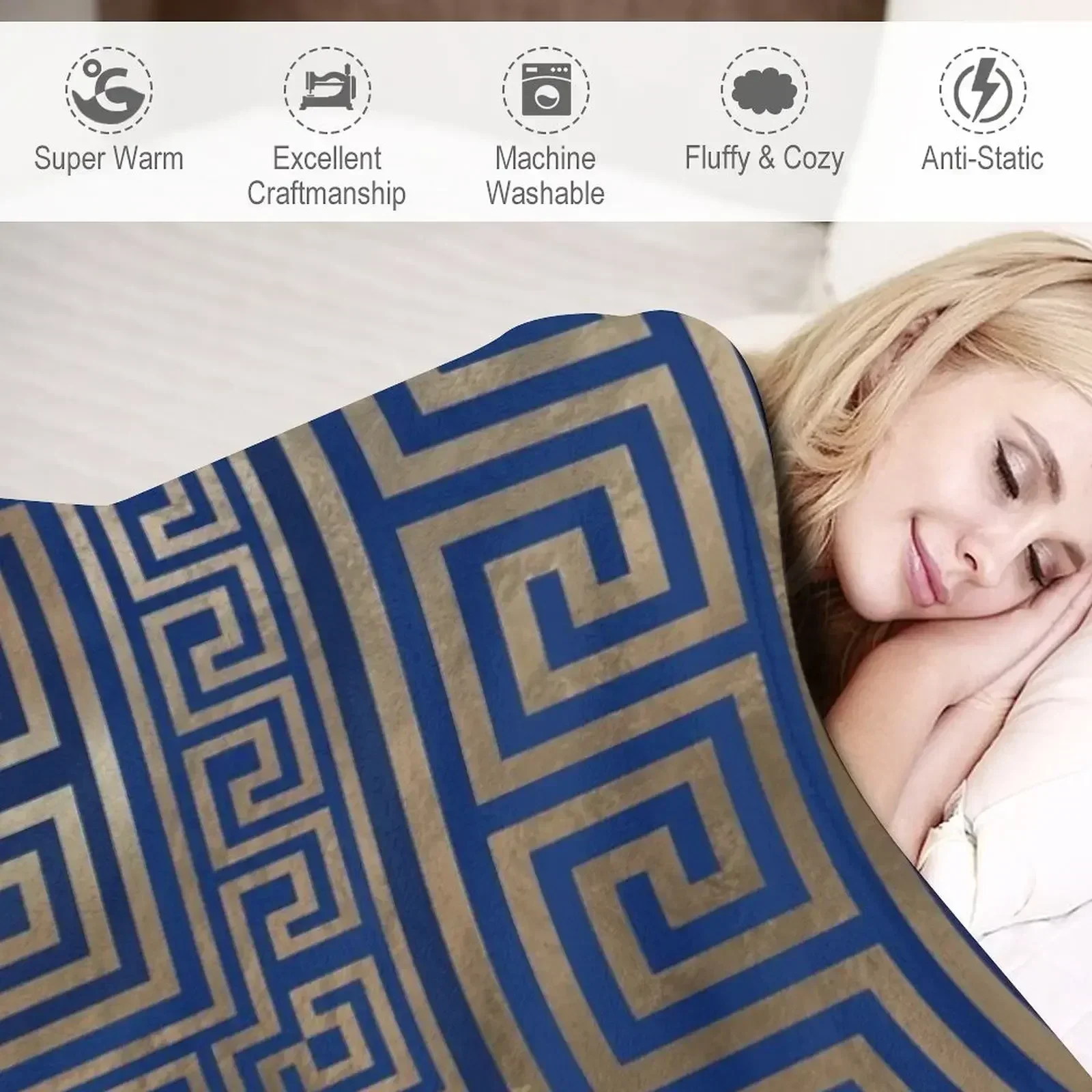 Греческий ключевой орнамент - греческий меандр золото на синем одеяло Хэллоуин