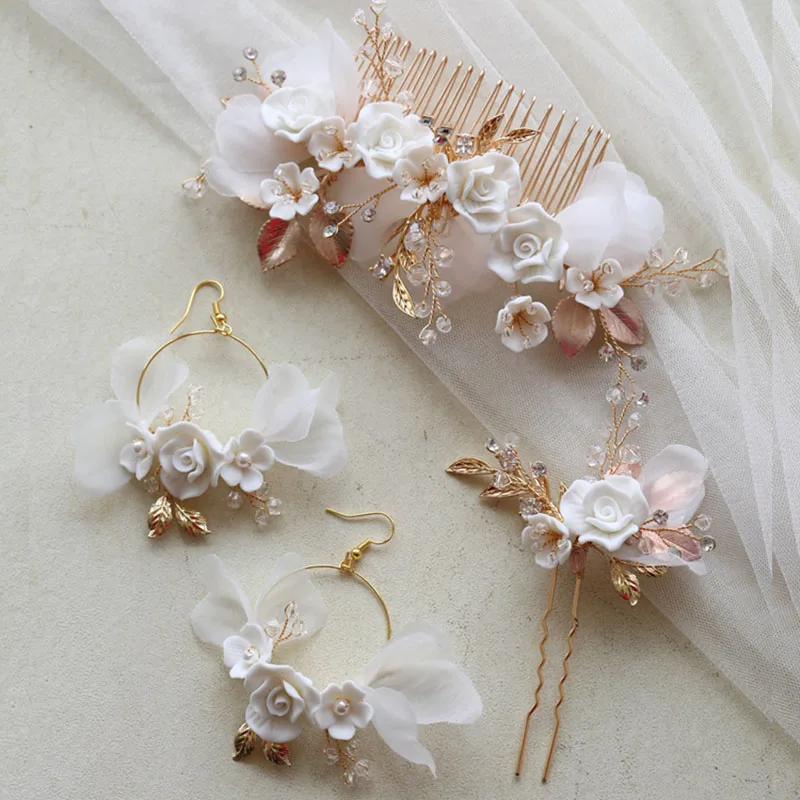 

Chiffon Flower Bridal Comb Hair Pin Gold Color Leaf Wedding Headpiece with Earrings Women Jewelry