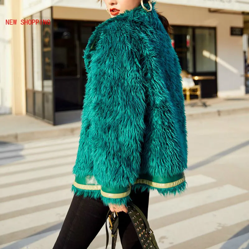 Vintage streetwear Green Faux Fur Coat Women Thick Lamb Fur Overcoat Lapel Motorcycle Jacket Ladies Fluffy Coats Winter Fashion