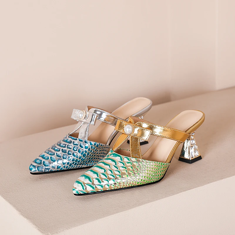 Autuspin New Genuine Leather Women Pumps Summer Elegant Pointed Toe Ladies High Heels Party Wedding Prom Pearl Decoration Shoes