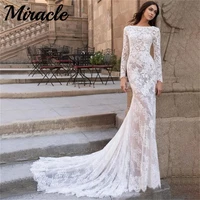 miracle ivory mermaid wedding dress trumpet wedding gown long sleeves o neck bridal dress charming appliques vestido de noiva