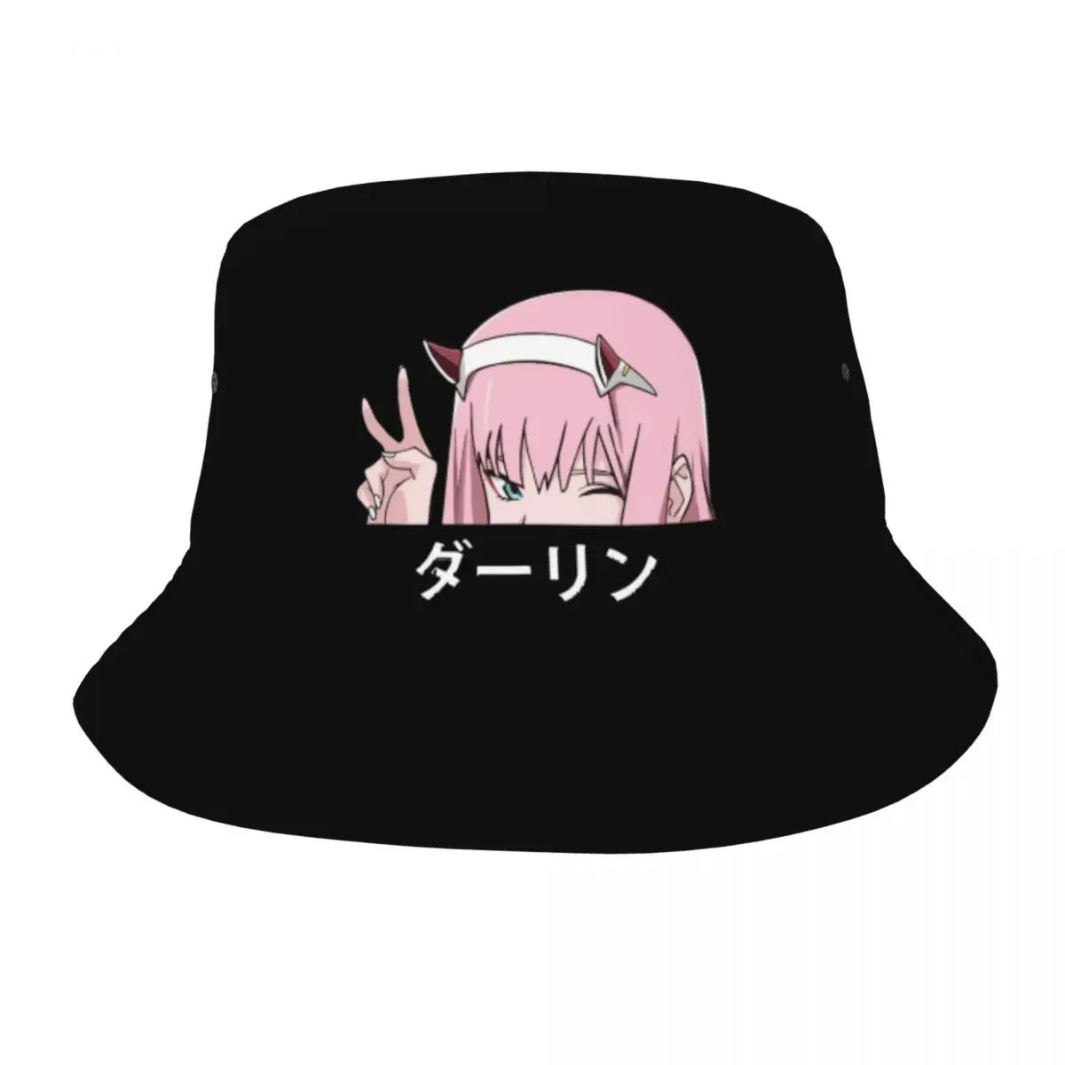 

002 Darling In The FranXX Bucket Hats Harajuku Beach Sun Hat for Unisex Wink Vacation Fisherman Cap Foldable Headwear