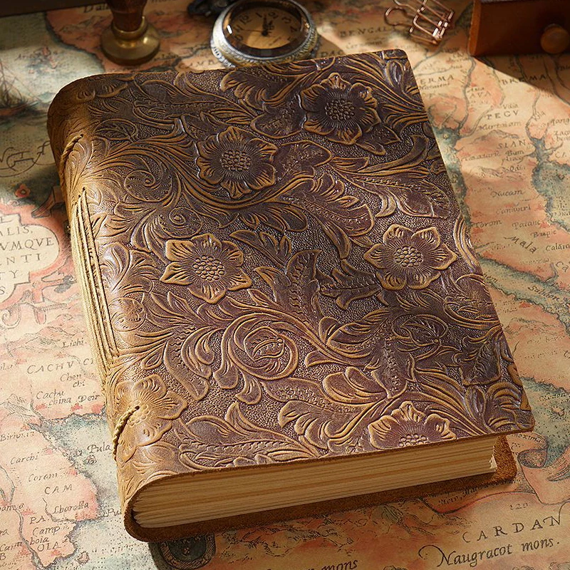 Tanie Rzeźbiony Kwiat Prawdziwej Notatnik W Skórzanej Oprawie 200 Arkuszy 19*14cm Wykonany Ręcznie Ze Skóry Wołowej Pamiętnik Vintage Notapad Zeszyt Prezent