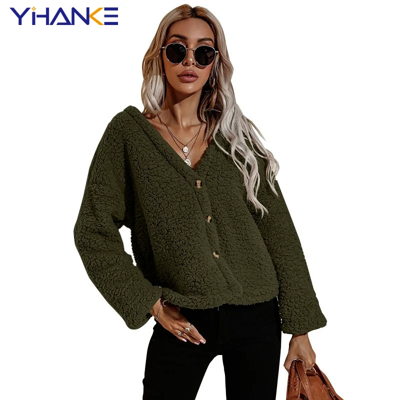 

Autumn and Winter New Style V-neck Button Jacket Jacket Long-sleeved Cardigan Loose Jacket Fashion Plush Warm Jacket